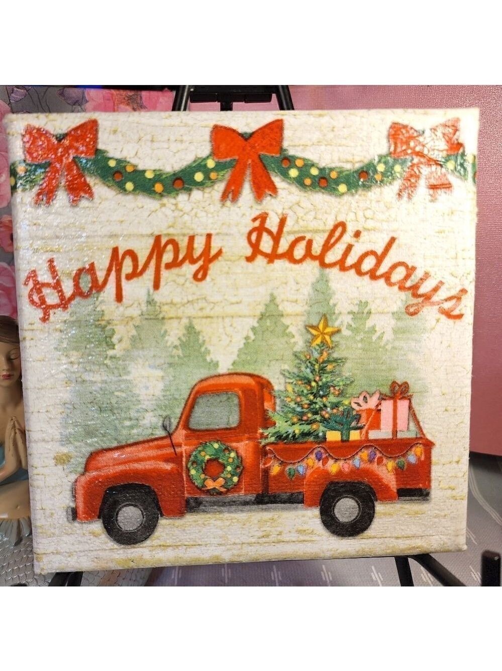 DECOUPAGE CANVAS PRINTS HAPPY HOLIDAYS RED TRUCK